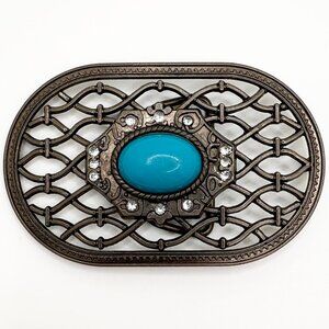 Faux Turquoise Oval Filigree Belt Buckle with Rhinestones in Silver Tone
